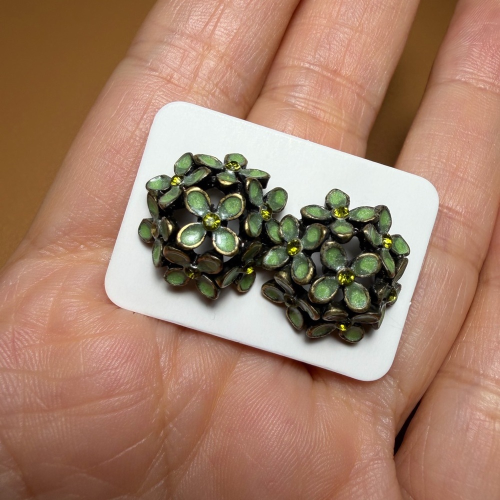 Olive Green Enamel Flower Cluster Stud Earrings - Picture 7 of 9